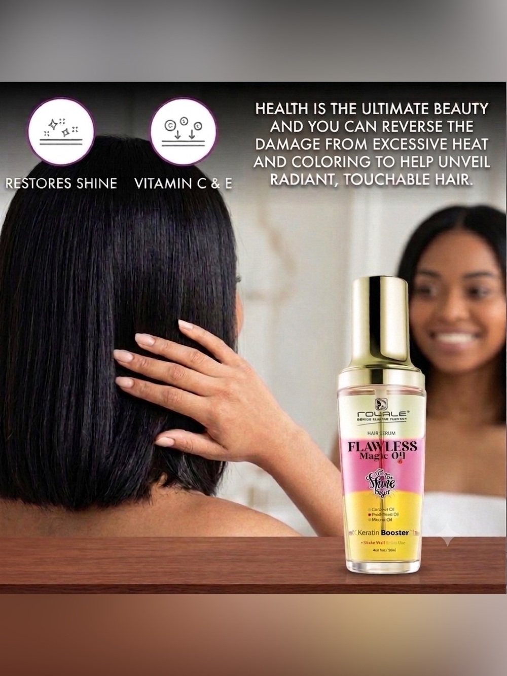 ROYALE Flawless Magic Oil Hair Serum, Coconut Oil, Rose Petal Oil, & Marula Oil - Picture 3 of 8